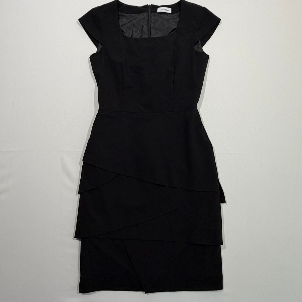 Calvin Klein Dress 2 Womens Black Sheath Tiered Layered Cap Sleeve‎ Office Goth